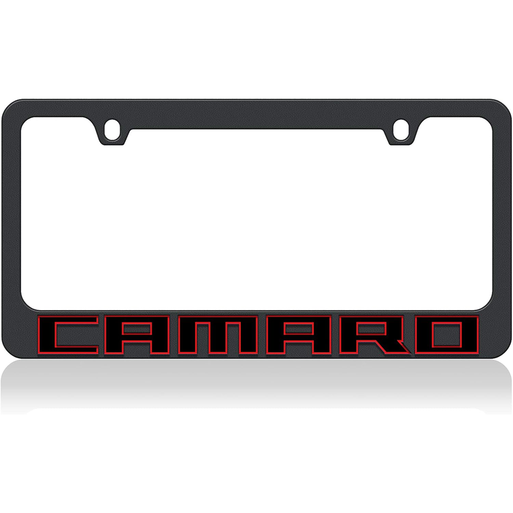 Camaro License Plate Frame Black Letters With Red Outline