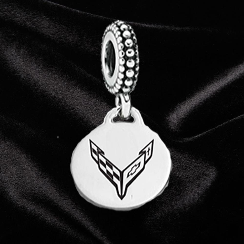 C8 Corvette, Next Generation Corvette 2020 C8 Emblem Pandora Style Sterling Silver Bead w/ Crossed Flags