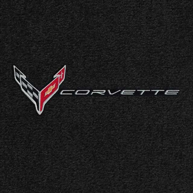 C8 Corvette, Lloyds Ultimat Custom Floor Mats, Front 2 Pc w/ C8 Flags Silver and Corvette Word Combo (2020-ON) Applique