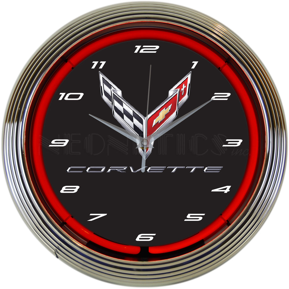 Corvette Clock, 15" Neon Wall Clock with C8 Emblem