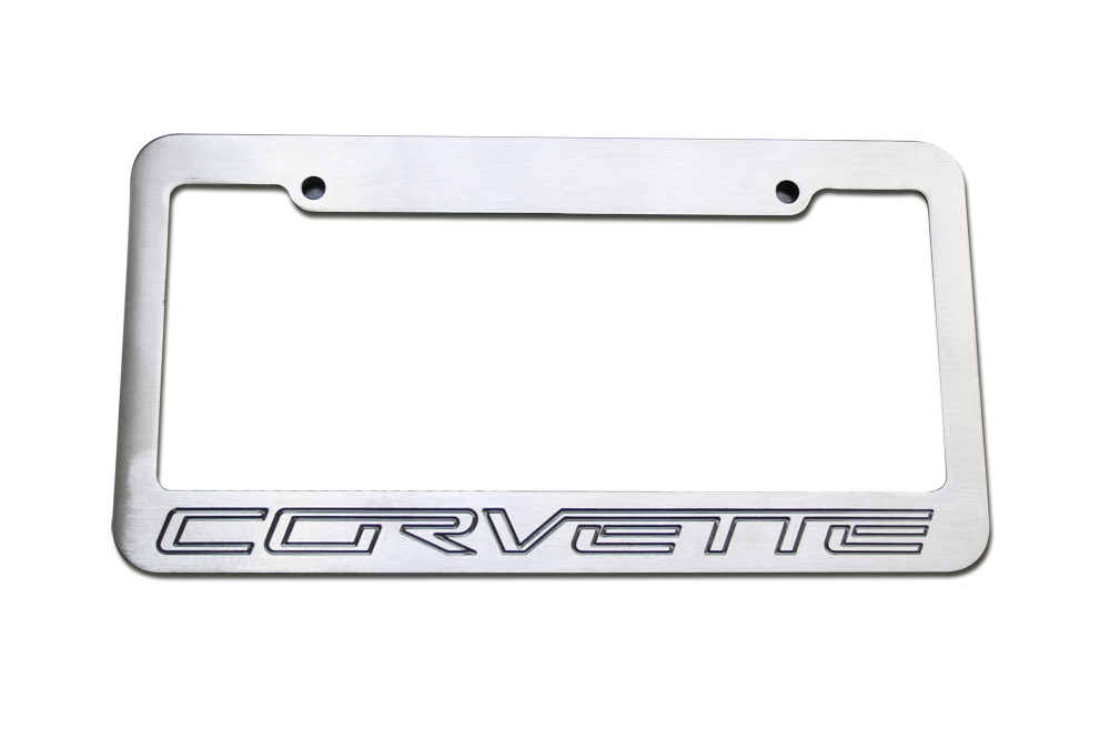 Corvette Chrome License Plate Frame w/ "Corvette" Logo Engraved on Surface
