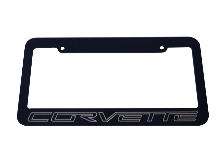 Corvette Matte Black License Plate Frame w/ "Corvette" Logo Engraved on Surface
