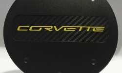 C7 Corvette Locking Fuel Door, Matte Black, Yellow "Corvette" Logo on Carbon Fiber