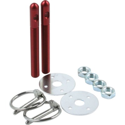 Hood Pin, 3/8 in OD x 3-1/2 in Long, 1-1/2 in Diameter Scuff Plates, Hardware / Torsion Clips, Aluminum, Red Anodize, Kit