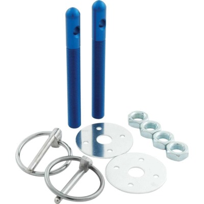 Hood Pin, 3/8 in OD x 3-1/2 in Long, 1-1/2 in Diameter Scuff Plates, Hardware / Torsion Clips, Aluminum, Blue Anodize, Kit