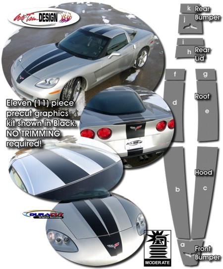 C6 Base Coupe, Convertible Corvette Hood & Body Rally Stripe Kit, Style 1, One Color