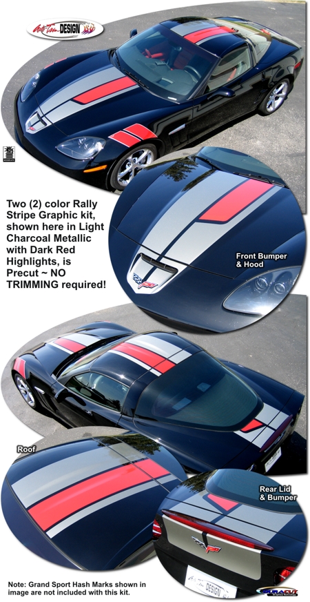 C6 Base, Z06, Grand Sport Corvette Body & Hood Rally Stripe Kit Style 5, Two Color
