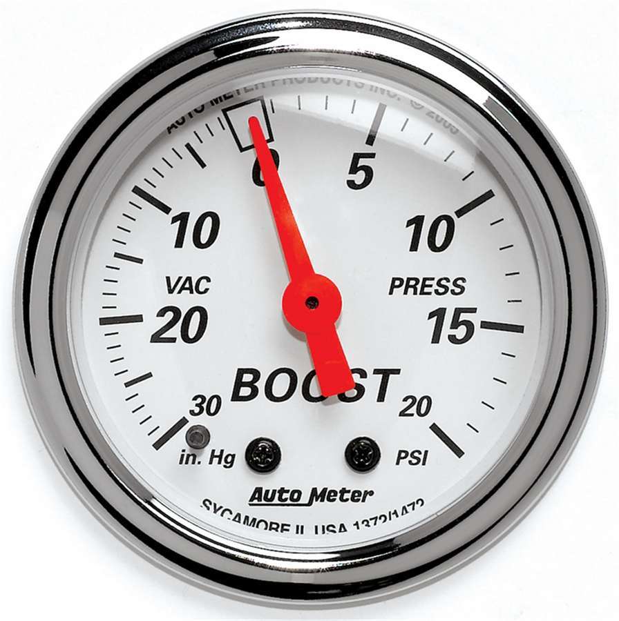 Auto Meter Boost/Vacuum Gauge, Artic White, 30" HG-20 psi, Mechanical, Analog, 2-1/16" Diameter, White Face, Each