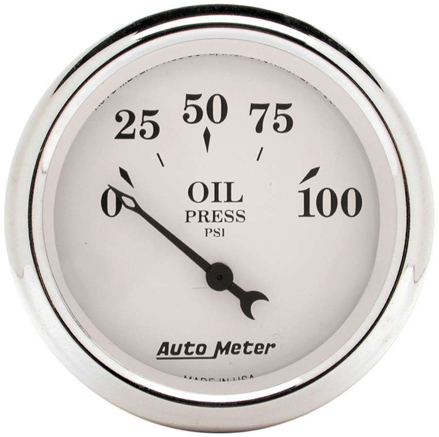 Auto Meter Oil Pressure Gauge, Old Tyme White, 0-100 psi, Electric, Analog, Short Sweep, 2-1/16" Diameter, White Face, Each