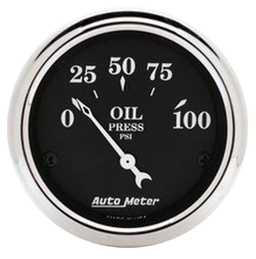 Auto Meter Oil Pressure Gauge, Old Tyme Black, 0-100 psi, Electric, Analog, Short Sweep, 2-1/16" Diameter, Black Face, Each