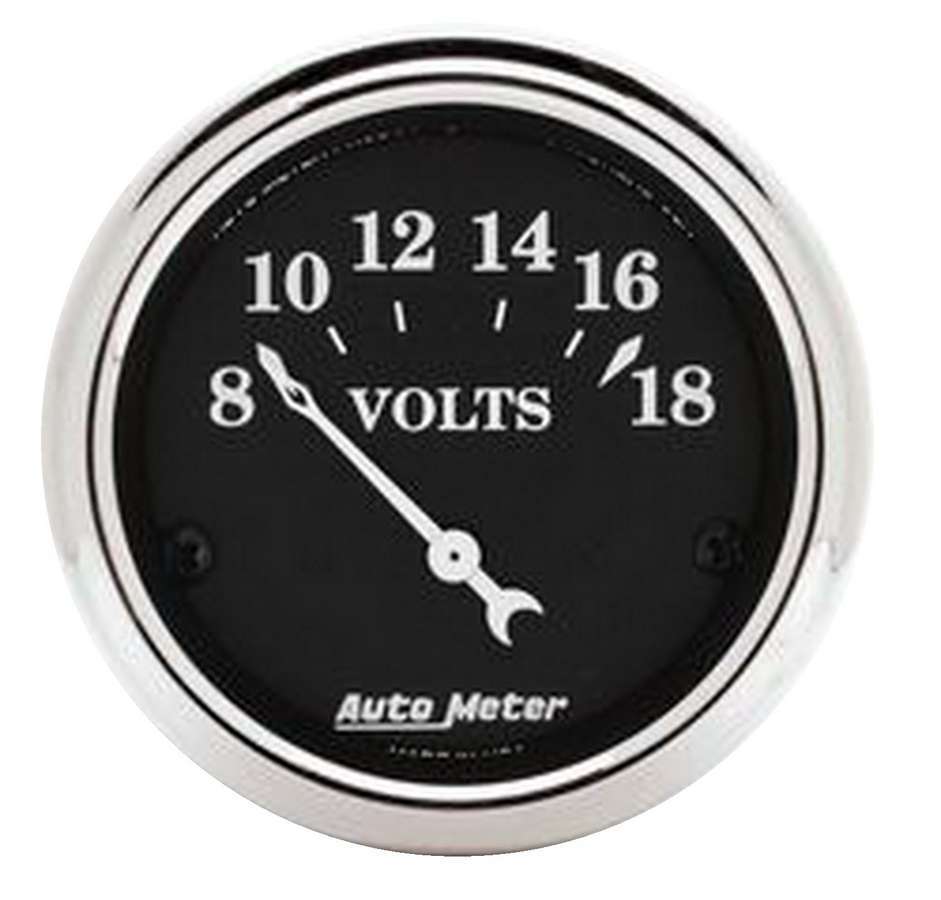 Auto Meter Voltmeter, Old Tyme Black, 8-18V, Electric, Analog, Short Sweep, 2-1/16" Diameter, Black Face, Each