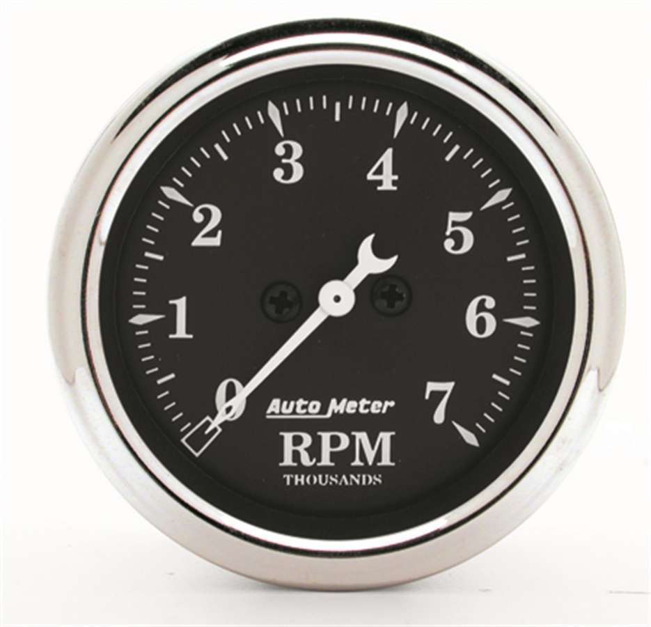 Auto Meter Tachometer, Old Tyme Black, 7000 RPM, Electric, Analog, 2-1/16" Diameter, Black Face, Each