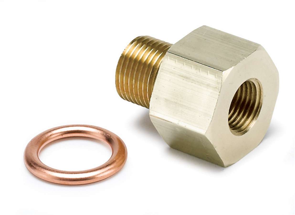 Auto Meter Fitting, Adapter, Straight, 12 mm x 1.00 Male to 1/8" NPT Female, Brass, Natural, Oil Pressure Gauges, Each