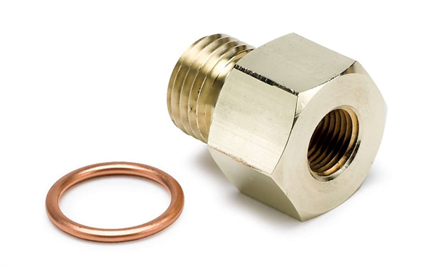 Auto Meter Fitting, Adapter, Straight, 14 mm x 1.50 Male to 1/8" NPT Female, Brass, Natural, Oil Pressure Gauges, Each