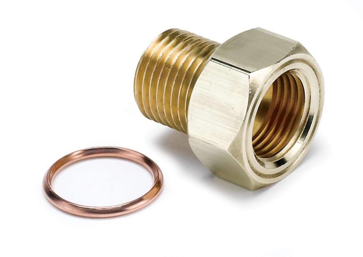 Auto Meter Fitting, Adapter, Straight, 16 mm x 1.50 Male to 5/8-18" Female Thread, Brass, Natural, Mechanical Temperature Gauges