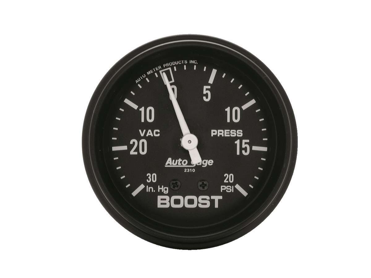 Auto Meter Boost/Vacuum Gauge, Auto Gage, 30" HG-20 psi, Mechanical, Analog, 2-5/8" Diameter, Black Face, Each