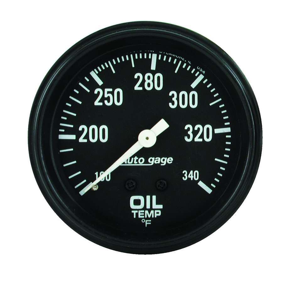 Auto Meter Oil Temperature Gauge, Auto Gage, 100-340 Degree F, Mechanical, Analog, 2-5/8" Diameter, Black Face, Each