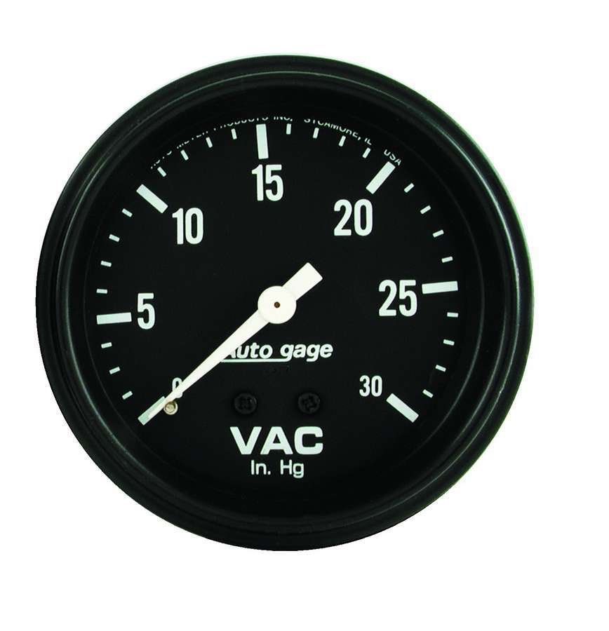 Auto Meter Vacuum Gauge, Auto Gage, 0-30" HG, Mechanical, Analog, 2-5/8" Diameter, Black Face, Each