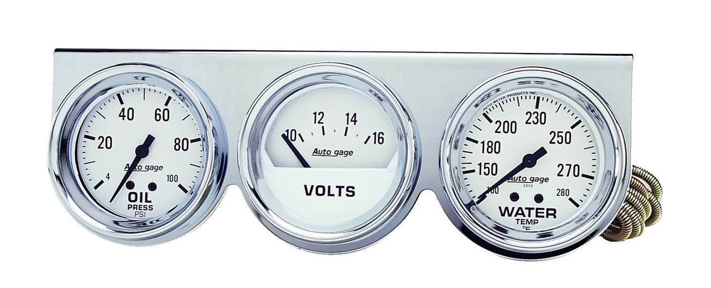 Auto Meter Gauge Panel Assembly, Auto Gage, Analog, Oil Pressure/Voltmeter/Water Temperature, White Face, Kit