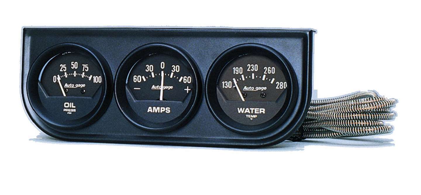 Auto Meter Gauge Panel Assembly, Auto Gage, Analog, Amp/Oil Pressure/Water Temperature, Black Face, Kit
