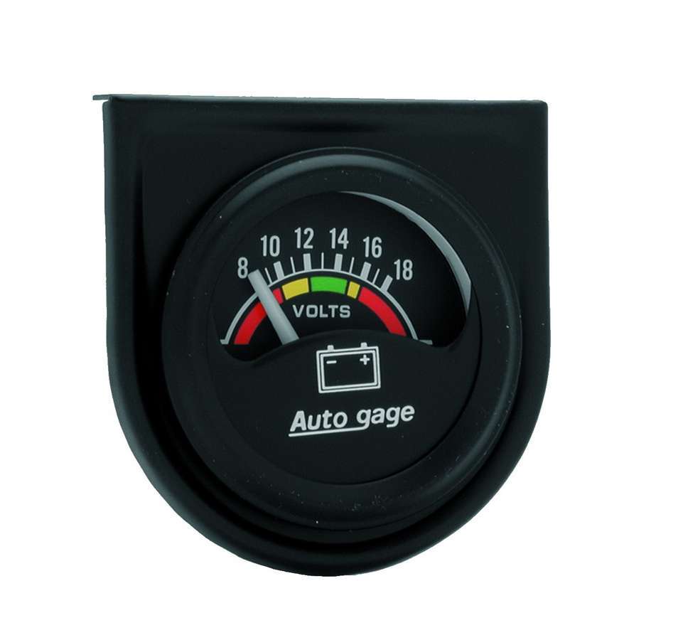 Auto Meter Voltmeter, Auto Gage, 8-18V, Electric, Analog, Short Sweep, 1-1/2" Diameter, Panel Mounted, Black Face, Each