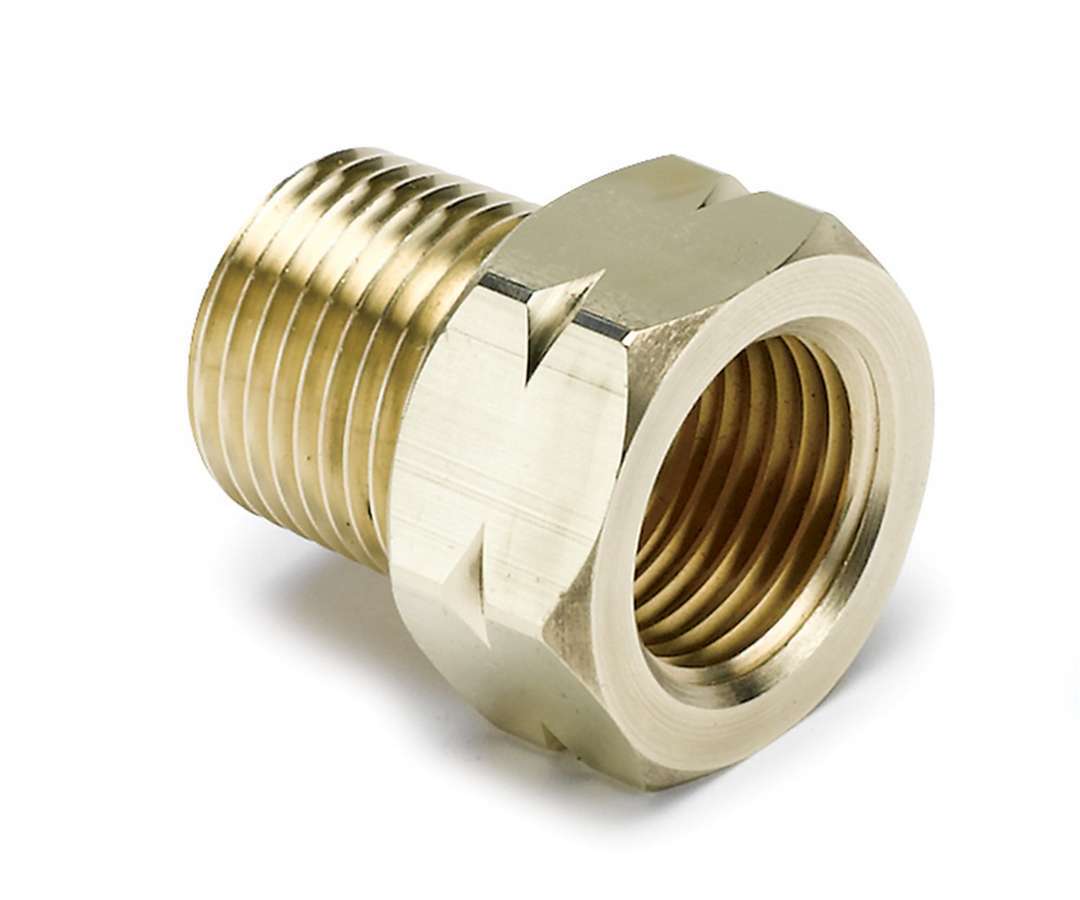 Auto Meter Fitting, Adapter, Straight, 5/8-18" Female to 3/8" NPT Male, Brass, Natural, Mechanical Temperature Gauges, Each