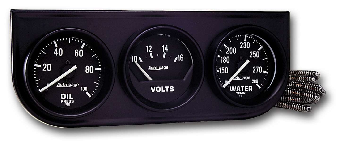 Auto Meter Gauge Panel Assembly, Auto Gage, Analog, Oil Pressure/Voltmeter/Water Temperature, Black Face, Kit