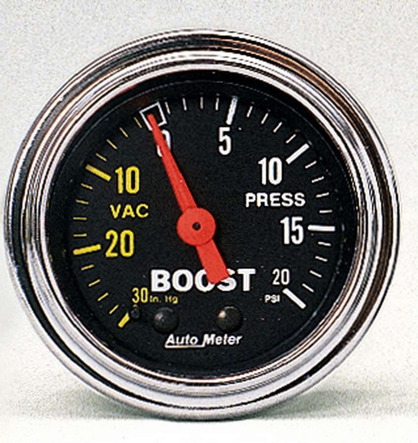 Auto Meter Boost/Vacuum Gauge, Traditional Chrome, 30" HG-20 psi, Mechanical, Analog, 2-1/16" Diameter, Black Face, Each