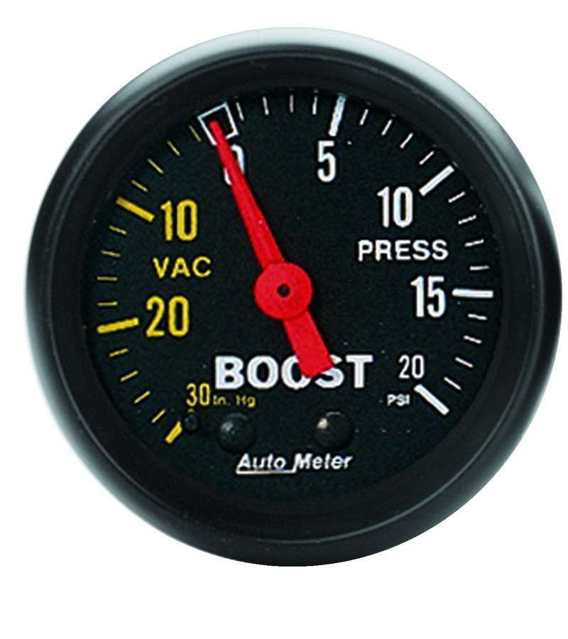 Auto Meter Boost/Vacuum Gauge, Z-Series, 30" HG-20 psi, Mechanical, Analog, 2-1/16" Diameter, Black Face, Each