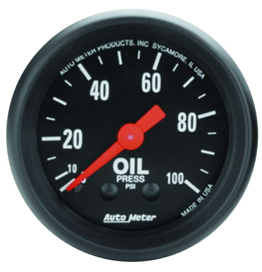 Auto Meter Oil Pressure Gauge, Z-Series, 0-100 psi, Mechanical, Analog, 2-1/16" Diameter, Black Face, Each