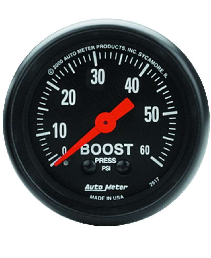 Auto Meter Boost Gauge, Z Series, 0-60 psi, Mechanical, Analog, 2-1/16" Diameter, Black Face, Each
