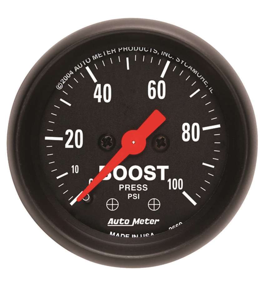 Auto Meter Boost Gauge, Z Series, 0-100 psi, Mechanical, Analog, 2-1/16" Diameter, Black Face, Each