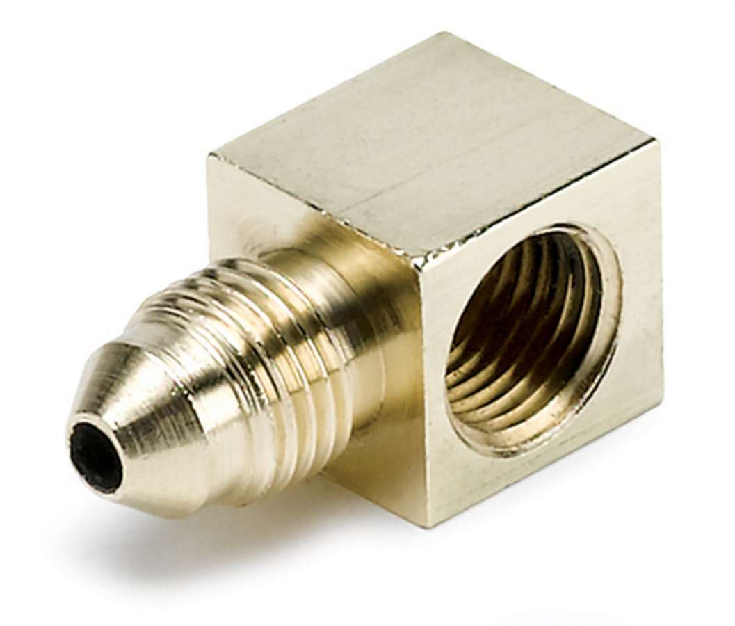 Auto Meter Fitting, Adapter, 90 Degree, 3 AN Male to 1/8" NPT Female, Brass, Natural, Mechanical Pressure/Vacuum Gauges, Each