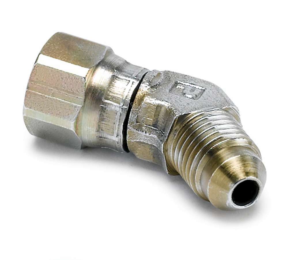 Auto Meter Fitting, Adapter, 45 Degree, 4 AN Male to 4 AN Female Swivel, Steel, Natural, Mechanical Pressure Gauges, Each