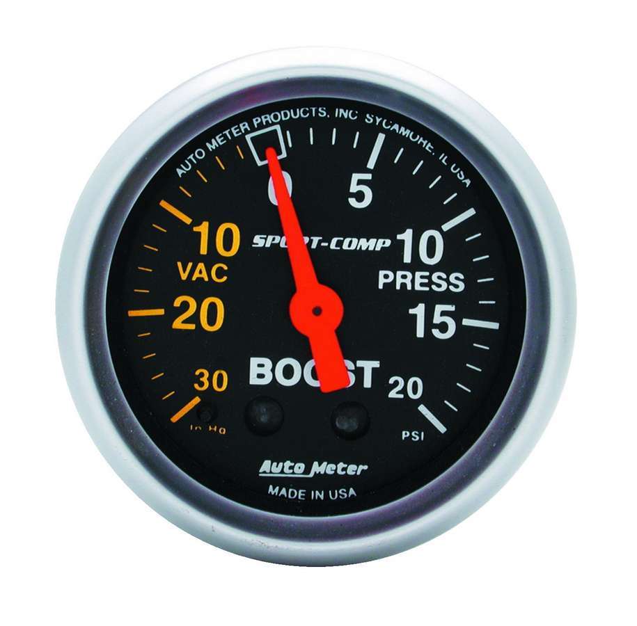 Auto Meter Boost/Vacuum Gauge, Sport-Comp, 30" HG-20 psi, Mechanical, Analog, 2-1/16" Diameter, Black Face, Each