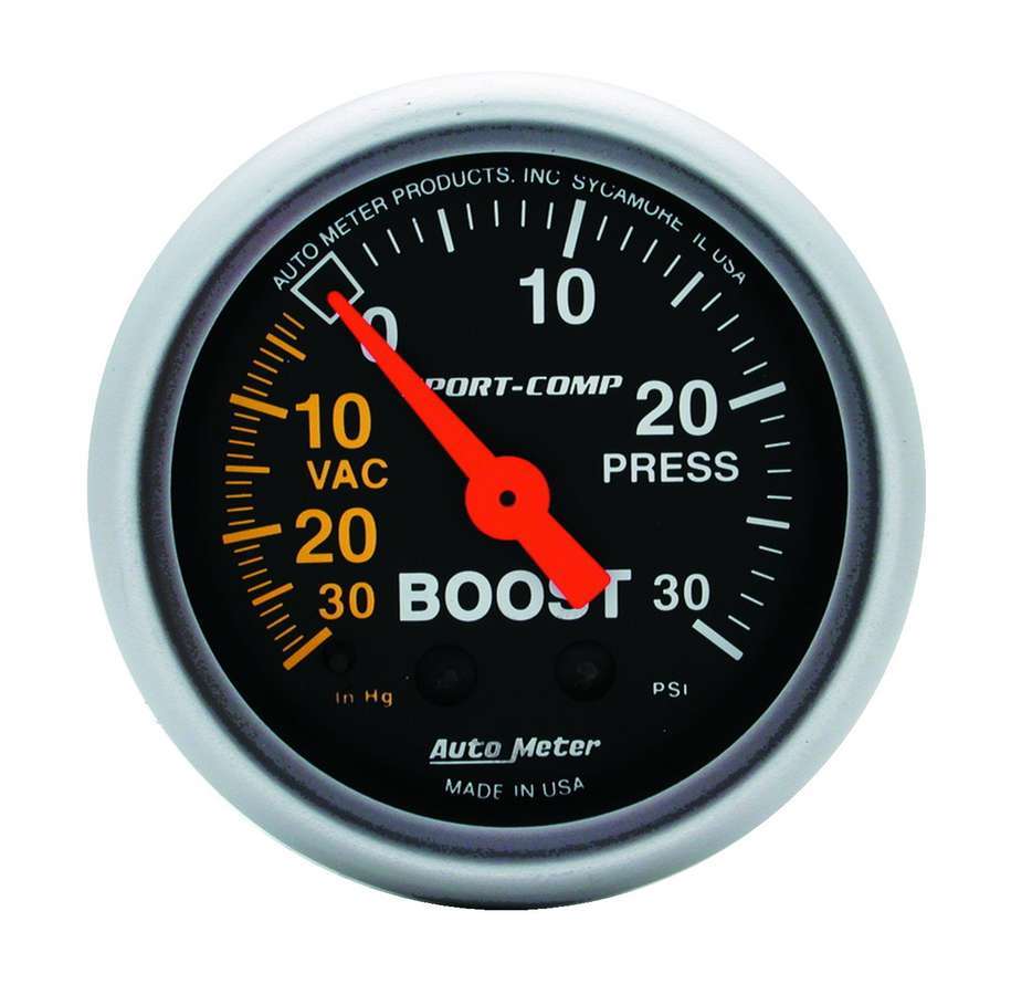 Auto Meter Boost/Vacuum Gauge, Sport-Comp, 30" HG-30 psi, Mechanical, Analog, 2-1/16" Diameter, Black Face, Each