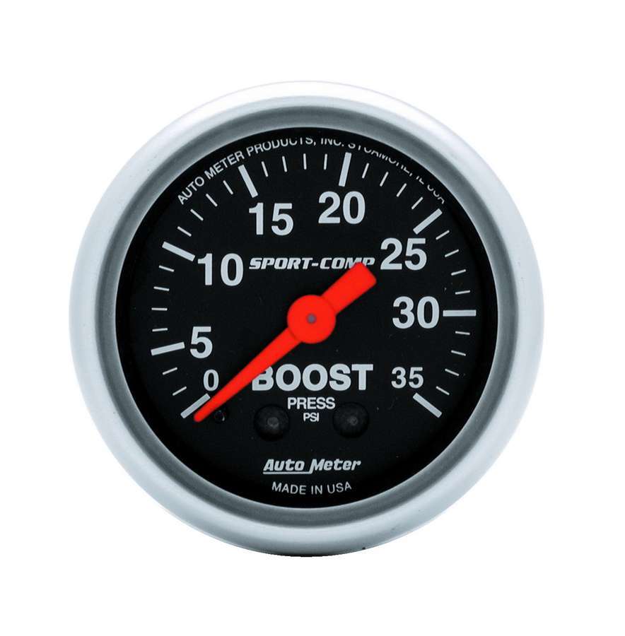 Auto Meter Boost Gauge, Sport Comp, 0-35 psi, Mechanical, Analog, 2-1/16" Diameter, Black Face, Each