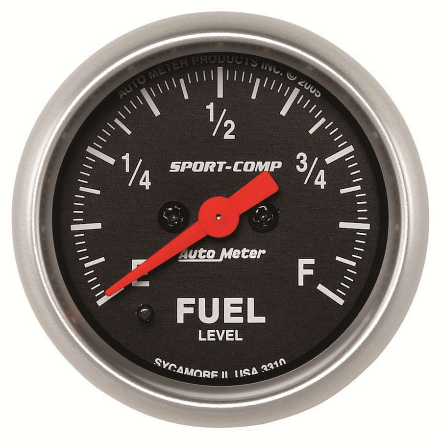Auto Meter Fuel Level Gauge, Sport-Comp, 0-280 ohm, Electric, Analog, Full Sweep, 2-1/16" Diameter, Programmable, Black Face, Ea