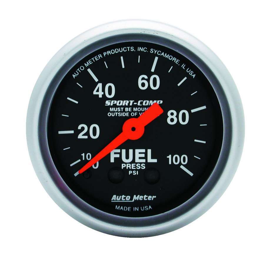 Auto Meter Fuel Pressure Gauge, Sport-Comp, 0-100 psi, Mechanical, Analog, 2-1/16" Diameter, Black Face, Each