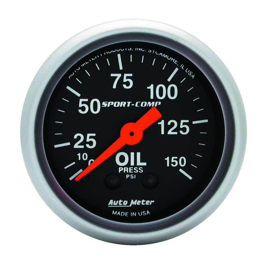 Auto Meter Oil Pressure Gauge, Sport-Comp, 0-150 psi, Mechanical, Analog, 2-1/16" Diameter, Black Face, Each