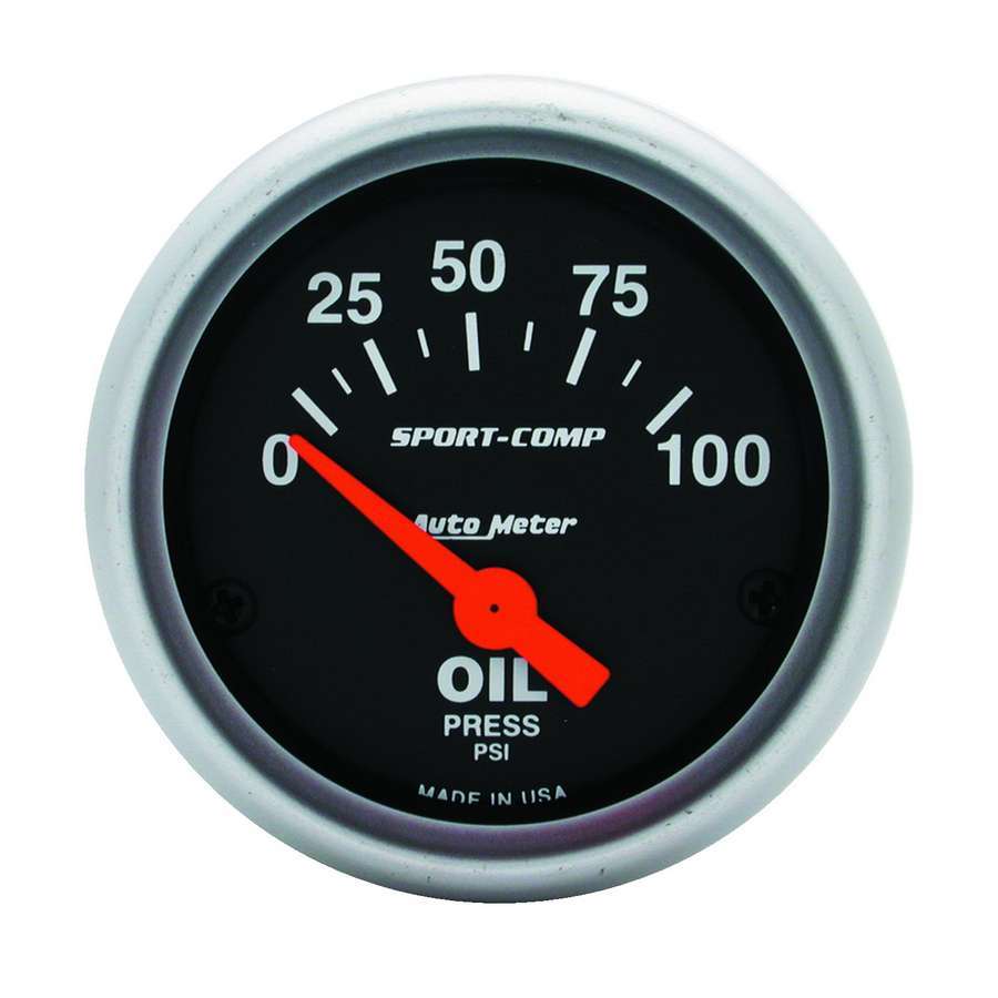 Auto Meter Oil Pressure Gauge, Sport-Comp, 0-100 psi, Electric, Analog, Short Sweep, 2-1/16" Diameter, Black Face, Each