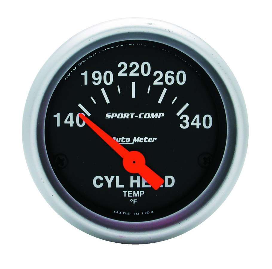 Auto Meter Cylinder Head Temperature Gauge, Sport-Comp, 140-340 Degree F, Electric, Analog, Short Sweep, 2-1/16" Diameter, Black