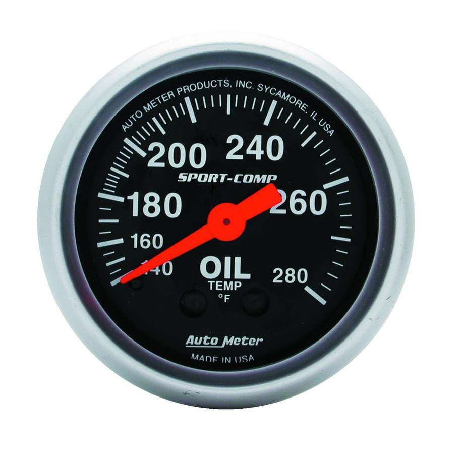 Auto Meter Oil Temperature Gauge, Sport-Comp, 140-280 Degree F, Mechanical, Analog, 2-1/16" Diameter, Black Face, Each