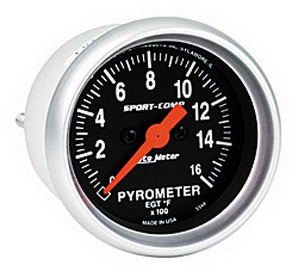 Auto Meter EGT Gauge, Sport-Comp, 0-1600 Degree F, Electric, Analog, Full Sweep, 2-1/16" Diameter, Black Face, Each