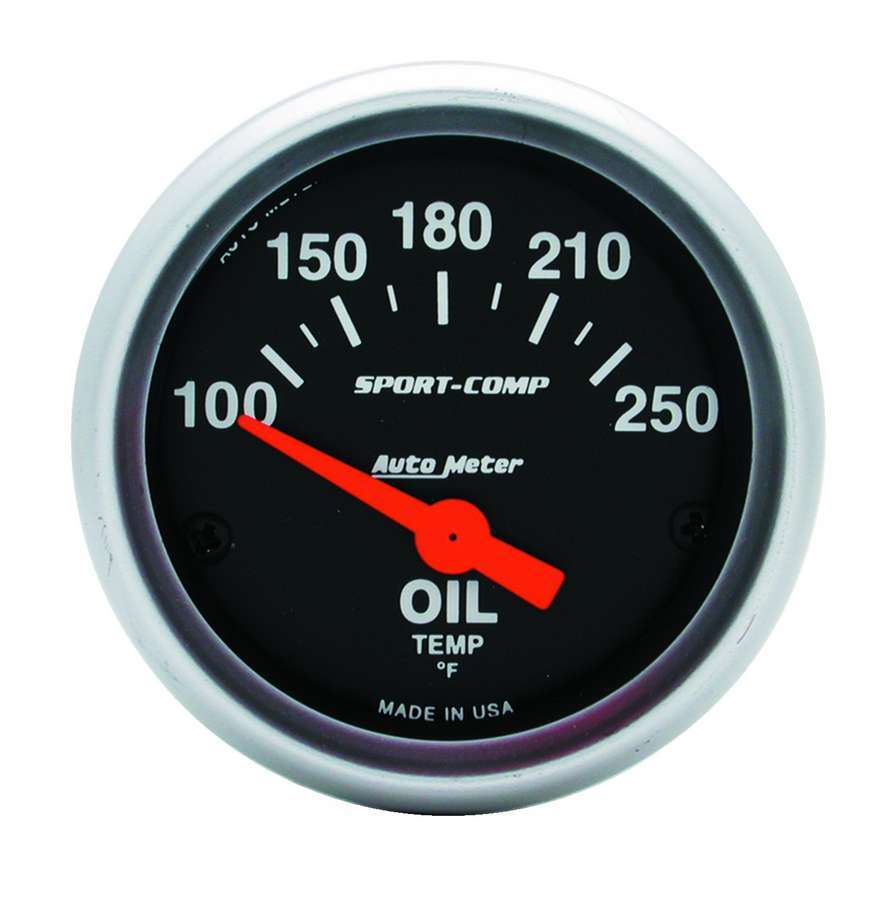 Auto Meter Oil Temperature Gauge, Sport Comp, 100-250 Degree F, Electric, Analog, Short Sweep, 2-1/16" Diameter, Black Face, Eac