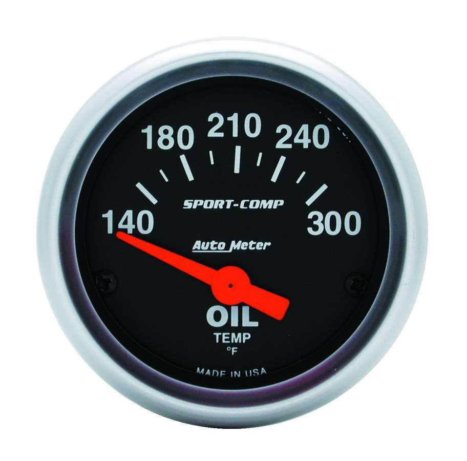 Auto Meter Oil Temperature Gauge, Sport-Comp, 140-300 Degree F, Electric, Analog, Short Sweep, 2-1/16" Diameter, Black Face, Eac