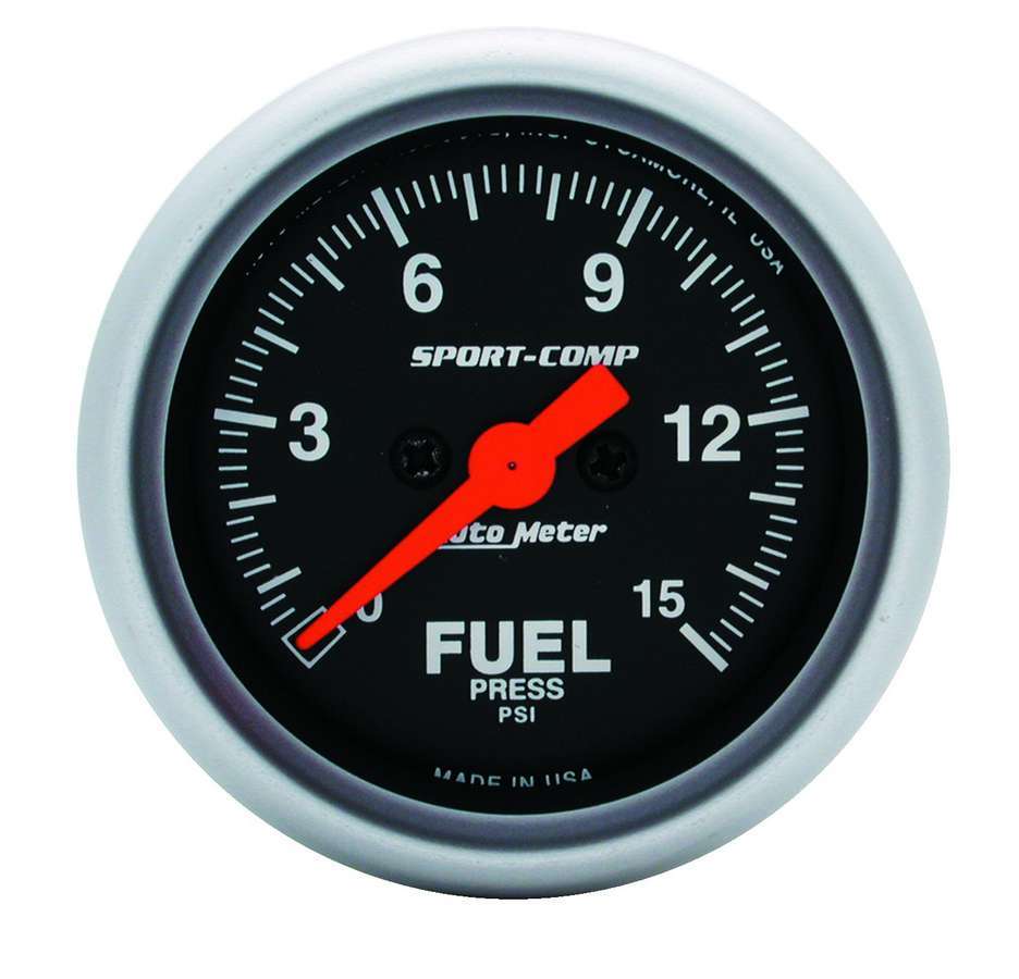 Auto Meter Fuel Pressure Gauge, Sport-Comp, 0-15 psi, Electric, Analog, Full Sweep, 2-1/16" Diameter, Black Face, Each