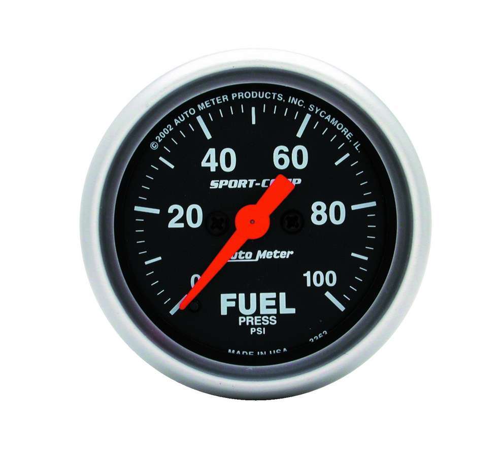 Auto Meter Fuel Pressure Gauge, Sport-Comp, 0-100 psi, Electric, Analog, Full Sweep, 2-1/16" Diameter, Black Face, Each