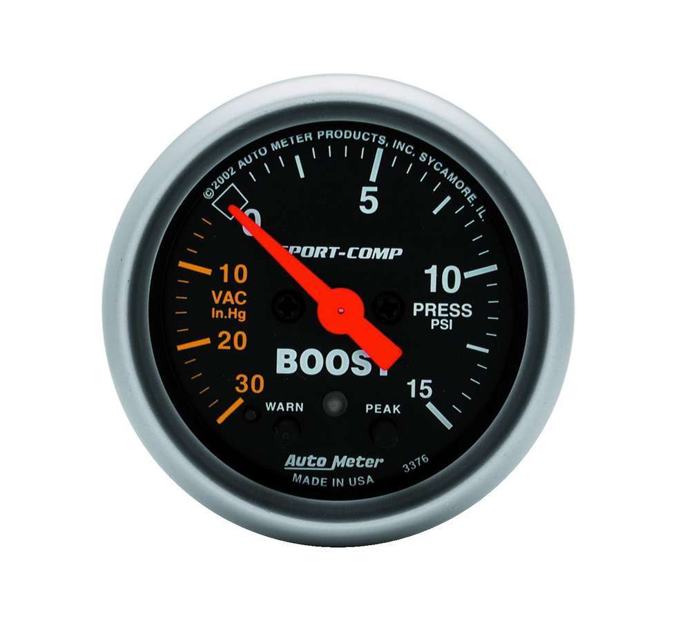 Auto Meter Boost/Vacuum Gauge, Sport-Comp, 30" HG-15 psi, Electric, Analog, Full Sleep, 2-1/16" Diameter, Peak and Warn, Black F