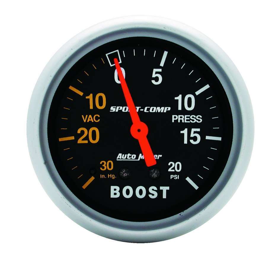 Auto Meter Boost/Vacuum Gauge, Sport-Comp, 30" HG-20 psi, Mechanical, Analog, 2-5/8" Diameter, Black Face, Each